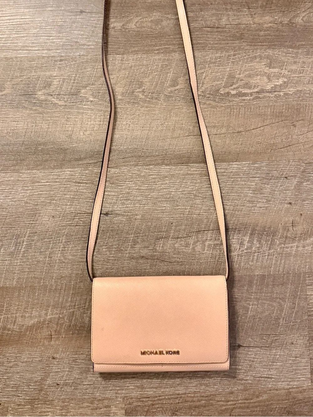 Michael Kors Pink Saffiano Crossbody Wallet with Gold Logo